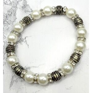 Faux Pearl Stretch Bracelet Silver Gold Spacer Beads 7.25" Statement